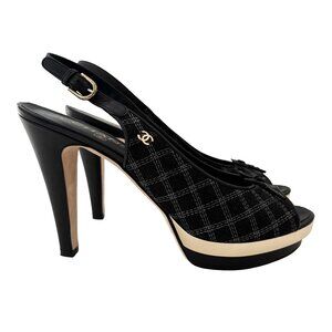 Chanel Slingback Heels Black Toile CC Logo Open Toe navy gold Pumps 40 US 10